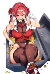 1girls fully_clothed hololive hololive_fantasy hololive_japan houshou_marine huge_ass huge_breasts large_breasts nuezou red_hair thick_ass thick_thighs thighhighs treasure treasure_chest virtual_youtuber