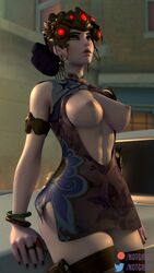 3d abs alternate_costume big_breasts black_lily_widowmaker blizzard_entertainment breasts cutout dress erect_nipples female lunar_new_year lunar_new_year_series nipples notgibus overwatch paris_(map) solo widowmaker year_of_the_dog