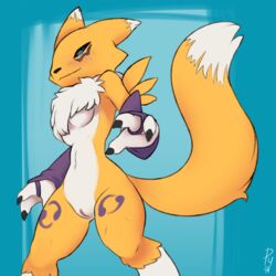 1:1 2019 3_fingers anthro armwear black_sclera blue_eyes blush breasts bridal_gauntlets canid canine clothing digimon digimon_(species) female fur mammal neck_tuft pussy pyriax renamon smile solo tuft yellow_fur