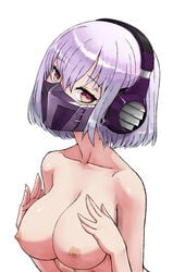 1girls absurdres areolae breasts collarbone curvy erect_nipples eyebrows_visible_through_hair faceplate female female_only hair_between_eyes half_mask hands_up haraya head_tilt headphones highres large_breasts lavender_hair mask neck nipples nude purple_mask red_eyes shinjou_akane shiny shiny_hair simple_background solo ssss.gridman transformers upper_body white_background