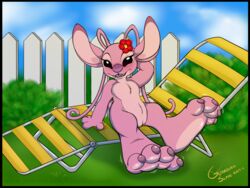 2019 4_fingers 4_toes alien angel_(lilo_and_stitch) antennae big_feet black_border black_eyes blush border chair chest_tuft disney experiment_(species) eyelashes feet female fence flat_chest flower foot_growth fur furry guardianslade hand_behind_head lilo_and_stitch looking_at_viewer lounge_chair no_nipples open_mouth open_smile outside pink_fur plant purple_nose purple_tongue pussy small_tail smile solo toes tongue tuft url