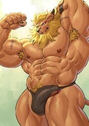 1boy 2024 abs absurd_res adios anthro armpit_hair bandai_namco biceps blue_eyes bodily_fluids body_hair claws clothing deltoids digimon digimon_(species) ear_piercing felid flexing furry hand_behind_head happy_trail hi_res leomon lion looking_at_viewer male male_only mammal mane muscular muscular_anthro muscular_male navel nipples obliques pantherine pecs penis piercing pose posing_trunks raised_arm scar skimpy solo solo_male standing sweat sweatdrop tail teeth thick_thighs topless triceps wardrobe_malfunction