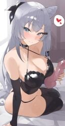 1girls bed blue_eyes byeon_dha cleavage dildo female hololive hololive_indonesia large_breasts looking_at_viewer sex_toy silver_hair solo thighhighs vestia_zeta virtual_youtuber