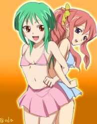 2girls anjou_tokoha arm_around_arm blue_swimsuit cardfight!!_vanguard cardfight!!_vanguard_g flat_chest flat_chested green_hair okazaki_kumi pink_hair pink_swimsuit skirt small_breasts swimsuit