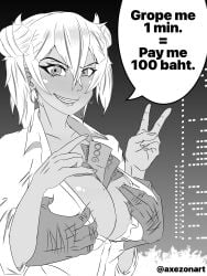 1boy 1girls axezon blonde_hair dark-skinned_female dark_skin female fondling greyscale groping gyaru hi_res large_breasts original pinky_(axezon) prostitution teenager thai