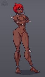 1girls arms_crossed breasts dark-skinned_female dark_skin demon demon_girl doom female female_only hdoom imp-tan imp_(doom) muscular_female nudity pussy red_hair solo uncledrugoon