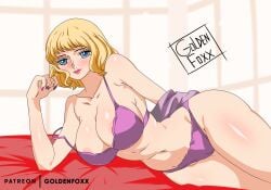1girls artgoldenfox bare_arms bare_legs bare_shoulders bare_thighs big_breasts blonde_hair blue_eyes bra clothed clothing color female female_focus female_only golden_foxx_(artist) hi_res large_breasts light-skinned_female light_skin looking_at_viewer one_piece panties short_hair shounen_jump solo solo_female stussy_(one_piece) tagme thick_thighs underwear