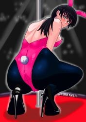 ass ass_focus black_eyes black_hair blushing_male bunnysuit chainsaw_man coreym616 looking_at_viewer looking_back mitaka_asa playboy_bunny pole smile squatting