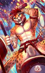 abs bell blue_eyes bulge cheetah cheetahpaws clothing collar detailed_background drum erection erection_under_clothing felid feline furry hair hi_res japanese male male_only mammal mostly_nude muscular muscular_male musical_instrument open_mouth red_hair sitting solo watermark