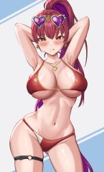 1girls 2d 2d_(artwork) alternate_costume alternate_hairstyle arms_behind_head arms_up bangs belly_button big_breasts bikini bikini_bottom bikini_top blush bra earrings female female_focus female_only front_view heterochromia high_resolution highres hololive houshou_marine huge_breasts light-skinned_female light_skin long_hair long_ponytail looking_at_viewer navel necklace official_alternate_costume official_alternate_hairstyle ponytail purple_hair red_bikini red_bikini_bottom red_bikini_top red_eye red_hair revealing_swimsuit simple_background slim_girl solo solo_female solo_focus standing suggestive suggestive_look summer sunglasses sunglasses_on_head swimsuit thong thong_bikini two_piece_swimsuit two_tone_hair virtual_youtuber vtuber vtuberfanart yellow_eye younger_female