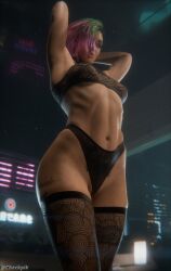 1girls 2024 3/4_view 3d areolae areolae_visible_through_clothing arm_tattoo armpit armpit_pose armpits arms_up bare_armpits bare_arms bare_belly big_ass breast_tattoo brown_eyes camel_toe cameltoe checkpik cyberpunk cyberpunk_2077 cyberpunk_background dark_room deep_skin detailed_background eyeliner eyeshadow female female_only fishnet_bra fit fit_female girl green_and_purple_hair hairless_armpits hands_behind_head high-waisted_thong high_waisted_thong indoors judy_alvarez legs_together lipstick low-angle_view makeup medium_breasts navel neon_sign nipples nipples_visible_through_clothing open_mouth panties pubic_tattoo realistic realistic_textures round_ass see-through see-through_stockings see-through_top see_through shaved_armpits shaved_side short_hair shoulder_tattoo side_tattoo skindentation solo standing tattoos_everywhere thigh_high_stockings thigh_highs thigh_tattoo thighhigh_stockings thighhighs thighs thong thong_panties visible_ribcage visible_ribs