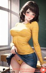 ai_generated artist_name blush blush breasts brown_eyes brown_hair classroom commission female female female_only girl jean_skirt looking_at_viewer medium_breasts panties patreon patreon_username persona persona_5 professor sadayo_kawakami shirt short_hair skirt skirt_lift solo solo_female sultryspark teacher teacher_clothing teacher_outfit yellow_panties yellow_shirt