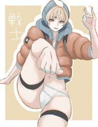 apex_legends bangs blonde_hair blue_eyes foot_fetish foot_focus functionally_nude green_nails green_toenails jacket navel orange_jacket painted_nails painted_toenails pale-skinned_female pale_skin panties partially_clothed presenting_feet puffer_jacket thigh_strap ueda8039 wattson_(apex_legends) white_panties white_underwear