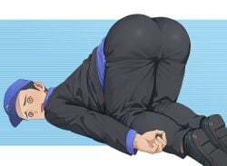 anus anus_peek ass ass_exposed ass_focus baseball_cap dizzy face_down_ass_up garohart iori_junpei junpei_iori knocked_out male_only males_only p3 pants_down pantsed persona_3 persona_3_reload school_uniform solo_male swirly_eyes uniform