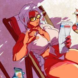 2girls beach bikini braid cartoon_network female female_only gem_(species) jasper_(steven_universe) lapis_lazuli_(steven_universe) long_hair orange_skin photographing reading steven_universe thong white_bikini white_hair white_shirt