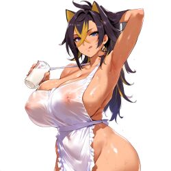 1girls :q ai_generated apron arm_behind_head arm_up armpits black_hair blue_eyes blush breasts covered_navel covered_nipples cowboy_shot dehya_(genshin_impact) genshin_impact hair_between_eyes huge_breasts jewelry lactation large_breasts licking_lips long_hair looking_at_viewer multicolored_hair naked_apron nipples smile solo striped striped_background sweat tongue tongue_out white_background