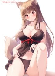 babydoll big_breasts black_panties blunt_bangs blush brown_hair cameltoe cleavage clothes_lift female female_only holo kemonomimi light_brown_hair lingerie long_hair looking_at_viewer negligee panties red_eyes sebu_illust shy sitting smile solo spice_and_wolf wolf_ears wolf_girl wolf_tail