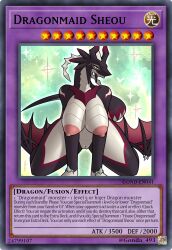 2d anthro blue_eyes breasts cards curvy curvy_female detailed_background dragon dragon_tail dragon_wings dragonmaid_series_(yu-gi-oh!) dragonmaid_sheou duel_monster english_text female female_focus female_only gonda large_breasts looking_at_viewer multicolored_body nude nude_female pink_nipples pussy scales scalie spread_legs text thick_thighs wings yu-gi-oh! yu-gi-oh!_duel_monsters