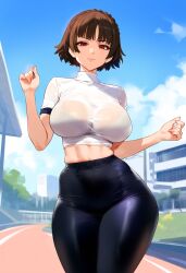 2d ai_generated big_breasts brown_hair curvy curvy_female female female_focus flamingpassion gym_clothes gym_uniform hourglass_figure large_breasts makoto_niijima persona persona_5 short_hair small_waist voluptuous voluptuous_female wide_hips