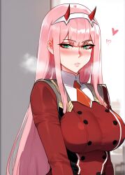 ai_generated big_breasts blush blush blush_lines blushing_at_viewer breasts clothed darling_in_the_franxx gigantic_breasts green_eyes headband hearts_around_head hollowbeak horns huge_breasts long_hair outfit pink_hair red_outfit zero_two_(darling_in_the_franxx)