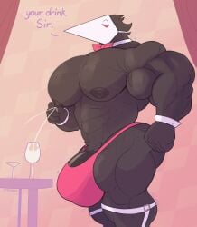 1boy big_bulge black_body breastmilk bulge crocobu deltarune huge_bulge lactating lactation male male_lactation male_only milk muscular_male necktie solo solo_male squirting_milk swatchling swatchling_(deltarune) thong waiter wristcuffs