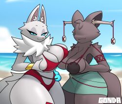 2d 2girls anthro anthro_female beach bikini blue_eyes bracelet breasts breasts_squeezed_together detailed_background female female_focus female_only furry furry_only gonda grovetender large_breasts long_eyelashes looking_at_viewer oc ocean original original_character pink_nipples red_bikini seductive_eyes seductive_look squeezing squeezing_breast text white_fur wolf wolf_girl