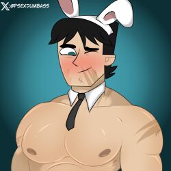 big_pecs black_hair blush bunny_ears bunnysuit disventure_camp gay male_only psexdumbass scar solo tom_(disventure_camp)