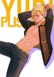 abs black_pants black_shirt blonde_hair blue_eyes happy_trail leopard_print male male_only maorenc open_shirt solo solo_male tying_hair underwear_band yuri!!!_on_ice yuri_plisetsky