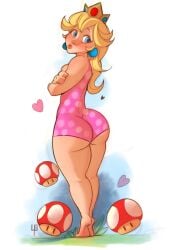1girls blonde_hair blue_eyes crown earrings female female_only large_ass mario_(series) mushrooms outdoors pink_swimsuit princess_peach solo standing super_mario_bros. swimsuit tomphelippe