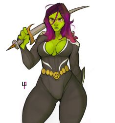 alien alien_girl alien_humanoid black_suit curvy gamora green_skin guardians_of_the_galaxy large_ass latex_suit marvel purple_hair red_hair sword tomphelippe yellow_eyes