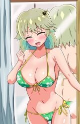 :d back_view blush clenched_hand closed_eyes cowboy_shot duel_masters floral_print gaiash_kaiser,_the_meteor gijinka green_bikini large_breasts mirror mirror_reflection mole_under_eye nagareboshi_asche personification smile