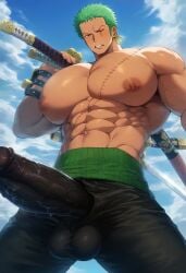 1boy ai ai_generated artist_request balls big_breasts big_chest big_dick big_pecs big_penis busty erect erect_penis erection green_hair huge_breasts huge_chest huge_cock huge_pecs male male_only one_piece penis_out penis_out_of_pants roronoa_zoro solo solo_male