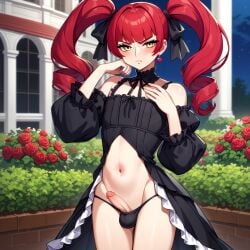 1boy ai_generated annoyed annoyed_expression crimson_hair earrings femboy flowers g-string garden gay goth hairbow looking_away neuai original otoko_no_ko otokonoko penis penis_in_panties red_hair stable_diffusion twintails upset wavy_hair yaoi yellow_eyes