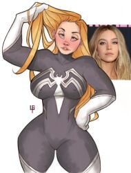 black_suit blonde_hair blue_eyes curvy julia_carpenter large_ass large_breasts madame_web_(2024) marvel muscular muscular_female spider-man_(series) spider-woman superhero_costume superheroine sydney_sweeney tomphelippe