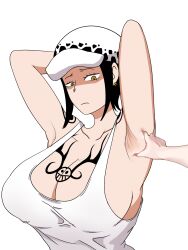 1girls armpits arms_up black_hair breast_tattoo breasts canon_genderswap dhwachang earrings female genderswap_(mtf) hat huge_breasts male one_piece rule_63 short_hair shoulder_tattoo tank_top trafalgar_law trafalgar_law_(female) yellow_eyes