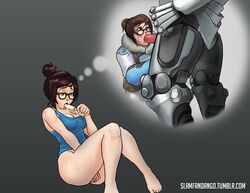 1boy 1girls barefoot blizzard_entertainment bottomless brown_hair curvy fantasizing female functionally_nude glasses hair_bun male masturbation mei_(overwatch) overwatch popsicle reinhardt slamfandango tagme thick_thighs unseen_male_face