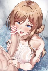 1boy 1girls bathroom big_breasts big_penis blue_eyes blush breasts brown_hair censored censored_penis erect_penis erection female_focus gakuen_idolmaster himesaki_rinami huge_breasts huge_cock idolmaster kneeling looking_at_viewer merufena muscular_male nipples on_knees open_mouth penis pink_nipples shower smiling smiling_at_viewer steam steaming_body teeth towel water wet wet_body