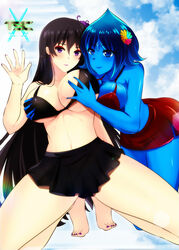 2girls bangs bedroom_eyes black_hair blue_eyes blue_hair blue_skin blush bra breast_grab breasts clouds deathelena_recreigialas eyebrows_visible_through_hair eyeliner feet female female_only flower highres jewelry logo long_hair looking_at_viewer original original_characters painted_nails painted_toenails purple_eyes sacredcourage short_hair skirt sky smile stairs the_legendary_tauran'creima the_legendary_tauran'creima:_star_beings_of_the_universe toes velcrimia_celestia