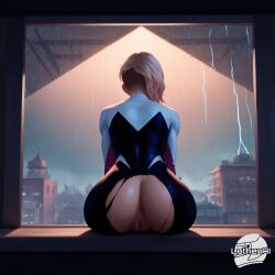 1girls ai_generated ass ass_focus backshot female female_only gwen_stacy luthenai marvel raining ripped_clothing solo spider-gwen spider-man:_into_the_spider-verse vagina