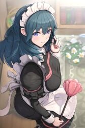 1girls absurdres alternate_costume apron ass big_ass black_dress blue_eyes blue_hair blush breasts broken broken_vase byleth_(female)_(fire_emblem) byleth_(fire_emblem) dress duster enmaided female female_only fire_emblem fire_emblem:_three_houses flower gonzarez hair_between_eyes highres indoors large_breasts long_hair long_sleeves looking_at_viewer maid maid_headdress nervous nervous_smile nintendo playing_with_own_hair revision sitting smile solo teal_hair vase white_apron white_flower
