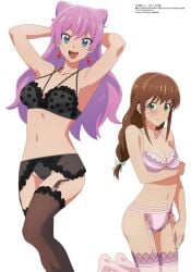 arm_under_breast armpits bare_arms bare_belly bare_shoulders belly_button black_lingerie blue_eyes blush bra breasts brown_hair earrings fuufu_ijou_koibito_miman garter_belt garter_straps green_eyes lingerie long_hair megami_magazine mouth_closed official_art open_mouth panties pink_lingerie ponytail purple_hair sakurazaka_shiori smile thighhighs thighs underwear watanabe_akari