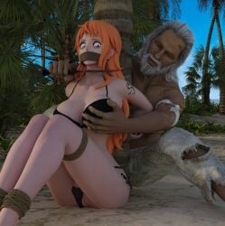 3d artist_request beach bikini bondage bound breasts defeated defeated_heroine female gagged groping hostage knife male mouth_gag nami nami_(one_piece) old_man one_piece post-timeskip rape rope rope_bondage tied