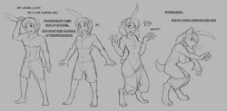 2019 anthro big_breasts blush breast_growth breasts breath canid canine canis changeling_tale dialogue digitigrade female gender_transformation grey_background hair hi_res human human_to_anthro long_hair malcolm_(changeling_tale) male mammal monochrome mtf_transformation multi_breast multi_nipple navel nipples open_mouth panting pussy shocked simple_background smile snout solo species_transformation standing tail_growth tongue tongue_out transformation unseen_character watsup wolf