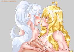 1boy 2girls bisexual_(female) blonde_female blonde_hair blue_eyes cum cum_on_breasts cum_on_face erect_penis icesticker long_hair long_hair_female pov purple_eyes rwby tongue_kiss weiss_schnee white_hair white_hair_female yang_xiao_long