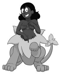 2020 4_toes bikini bikini_top black_hair cartoon_network clothing connie_maheswaran dark_body dark_skin desire_arts digital_media_(artwork) feet female fusion gesture greyscale hair hand_gesture happy hi_res lion_(steven_universe) mane monochrome paws pointing raised_paw simple_background smile solo steven_universe swimwear tail taur toes white_background