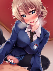 1boy bangs big_breasts black_legwear black_neckwear blue_eyes blue_skirt blue_sweater blush braid breasts brown_hair clothed_female_nude_male cowgirl_position darjeeling dress_shirt emblem female girls_und_panzer head_tilt heavy_breathing highres indoors large_breasts long_sleeves looking_at_viewer military military_uniform miniskirt necktie nksk nude open_mouth pantyhose pleated_skirt school_uniform sex shirt skirt smile st._gloriana's_school_uniform straddling straight sweater tied_hair trembling uniform v-neck vaginal_penetration white_shirt