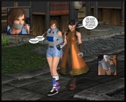 2girls 3d bondage bound_arms bound_hands english_text gag gagged kazama_asuka ling_xiaoyu lord_kamski multiple_girls speech_bubble tape_gag tekken