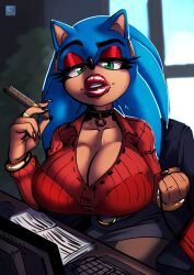 1girls anthro bedroom_eyes bimbo bimbo_lips cigar djpuppeh eyelashes eyeshadow female furry genderbend genderswap genderswap_(mtf) large_breasts lipstick office office_lady rule_63 sega smoking sonic_(series) sonic_the_hedgehog sonic_the_hedgehog_(series) suit