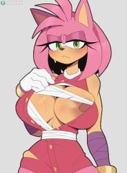 1girls amy_rose amy_rose_(boom) bare_arms bare_breasts bare_shoulders big_breasts blush clothed clothing color cooliehigh female female_focus female_only furry green_eyes hi_res large_breasts looking_at_viewer nipples no_bra one_nipple_out pink_hair short_hair solo solo_female sonic_(series) sonic_boom sonic_the_hedgehog_(series) tagme thick_thighs undressing