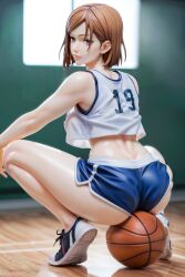 1girls ai_generated ass ass_focus back_view basketball basketball_court basketball_jersey basketball_shorts basketball_uniform booty_shorts brown_eyes brown_hair clothed dressed female female_focus female_only figure figurine fully_clothed fully_dressed jersey jujutsu_kaisen kugisaki_nobara medium_breasts short_hair shorts sitting sitting_on_ball solo solo_female solo_focus squatting xorex